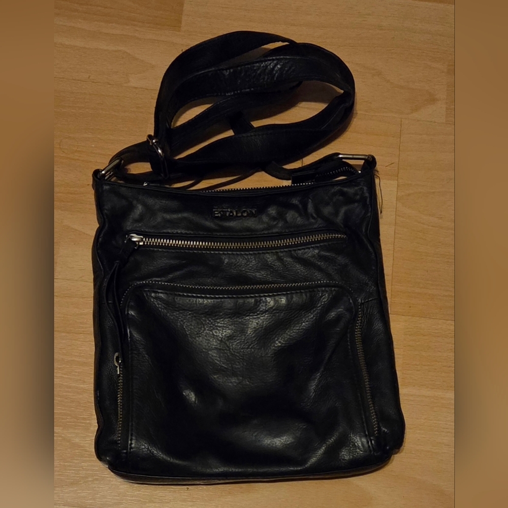 Estalon Genuine Black Leather Crossbody 3 Zipper Shoulder Bag Purse